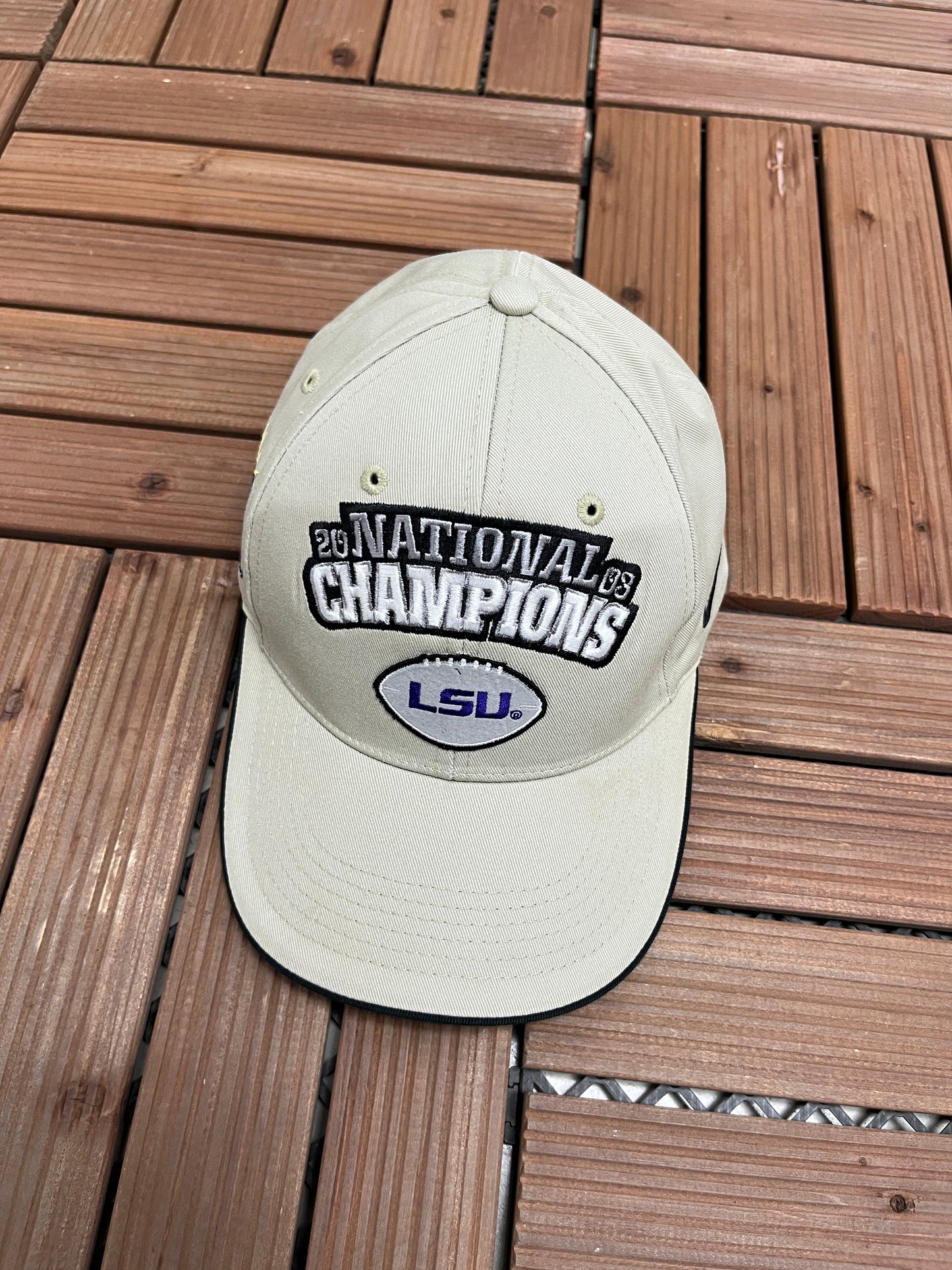 LSU Tigers National Champions 2003 Graphic Hat | Strap Back | Vintage 2000s College Football Beige Cap |