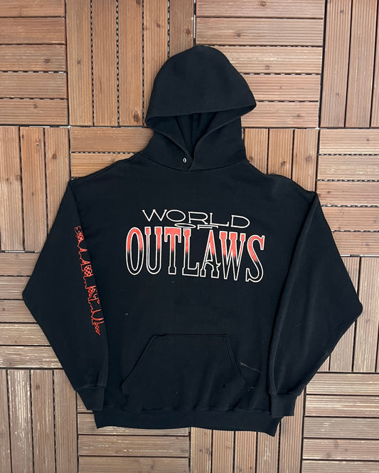 World of Outlaws Leader of the Pack Graphic Hoodie | Size XX-Large | Vintage 1990s Dirt Racing Black Sweater |