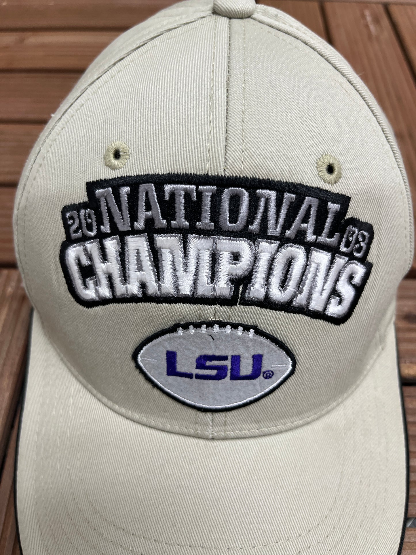 LSU Tigers National Champions 2003 Graphic Hat | Strap Back | Vintage 2000s College Football Beige Cap |