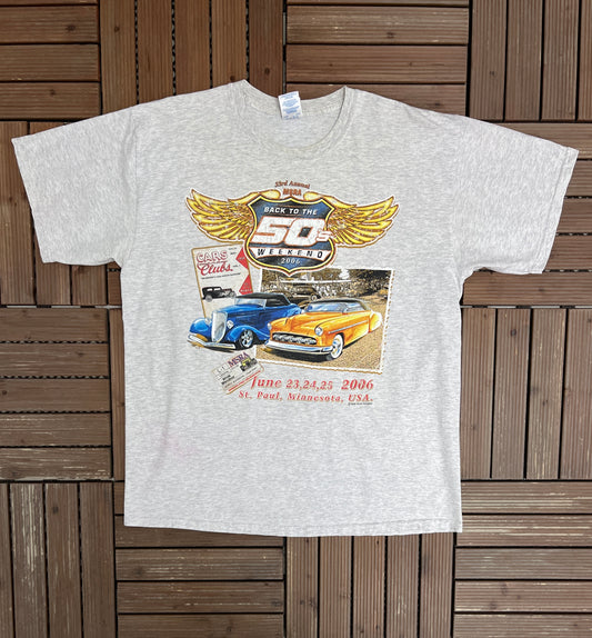 Cars & Clubs Back To The 50's Weekend Graphic Tee | Size X-Large | Vintage 2000s Car Show Grey T-Shirt |