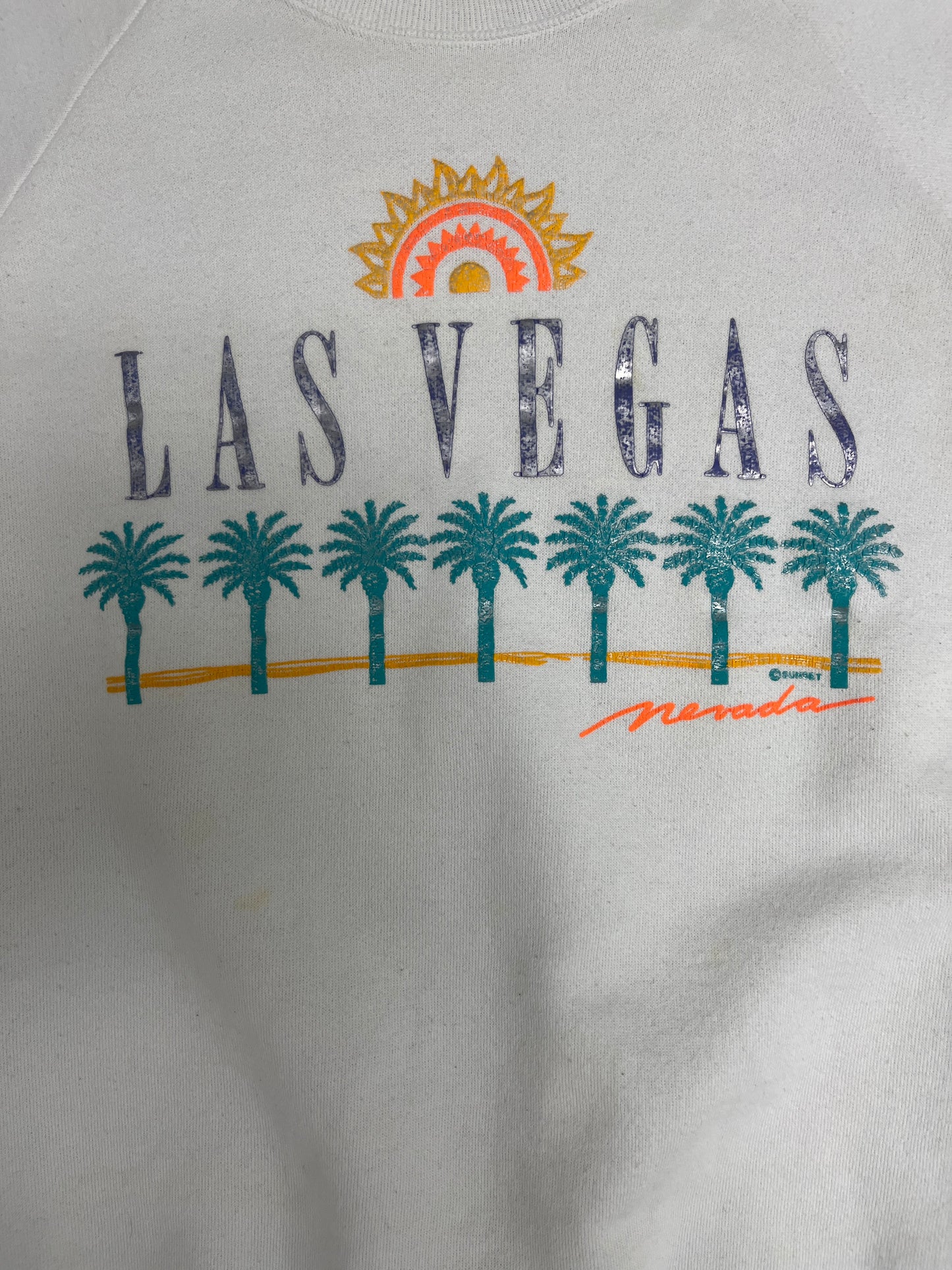 Las Vegas, Nevada Graphic Crewneck | Size X-Large | Vintage 1990s Promotional Tourist White Sweater |