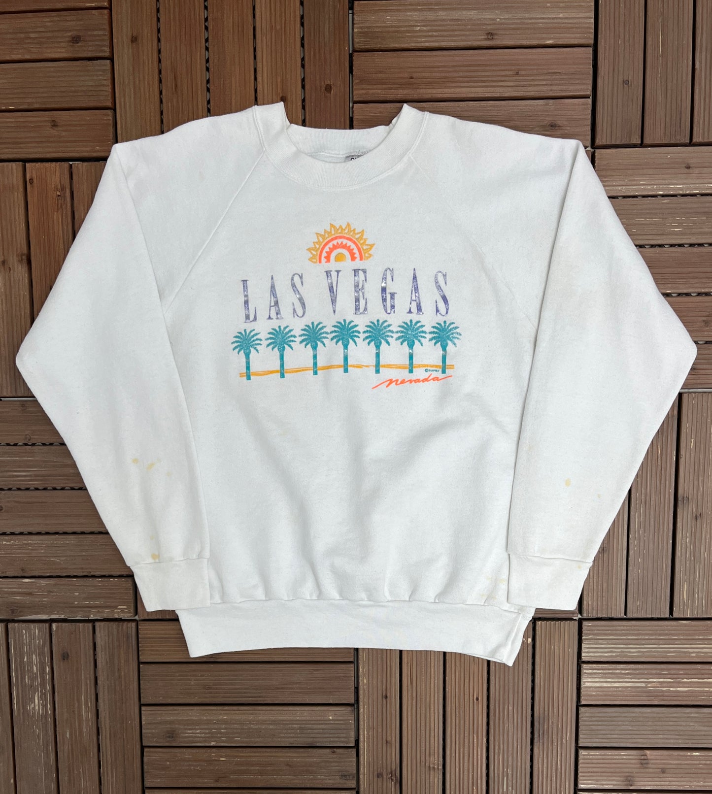 Las Vegas, Nevada Graphic Crewneck | Size X-Large | Vintage 1990s Promotional Tourist White Sweater |