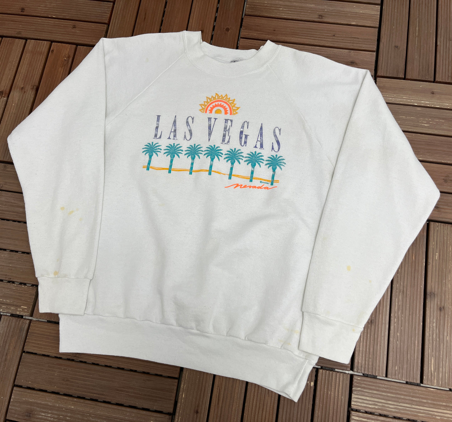 Las Vegas, Nevada Graphic Crewneck | Size X-Large | Vintage 1990s Promotional Tourist White Sweater |