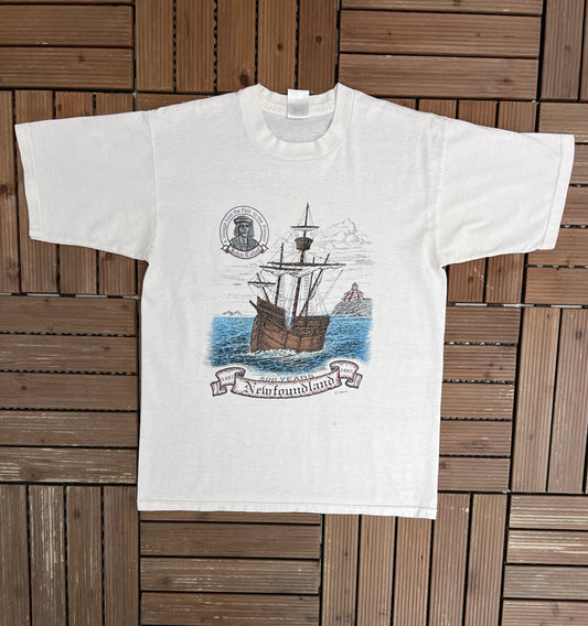 John Cabot Newfoundland Graphic Tee | Size Medium | Vintage 1990s Tourist White T-Shirt |