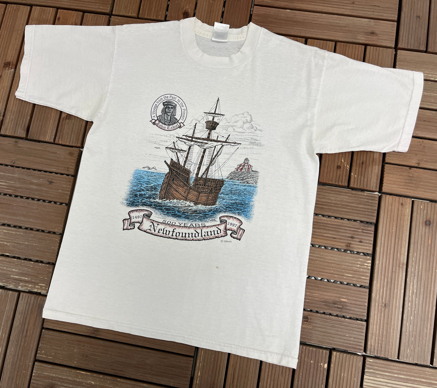 John Cabot Newfoundland Graphic Tee | Size Medium | Vintage 1990s Tourist White T-Shirt |