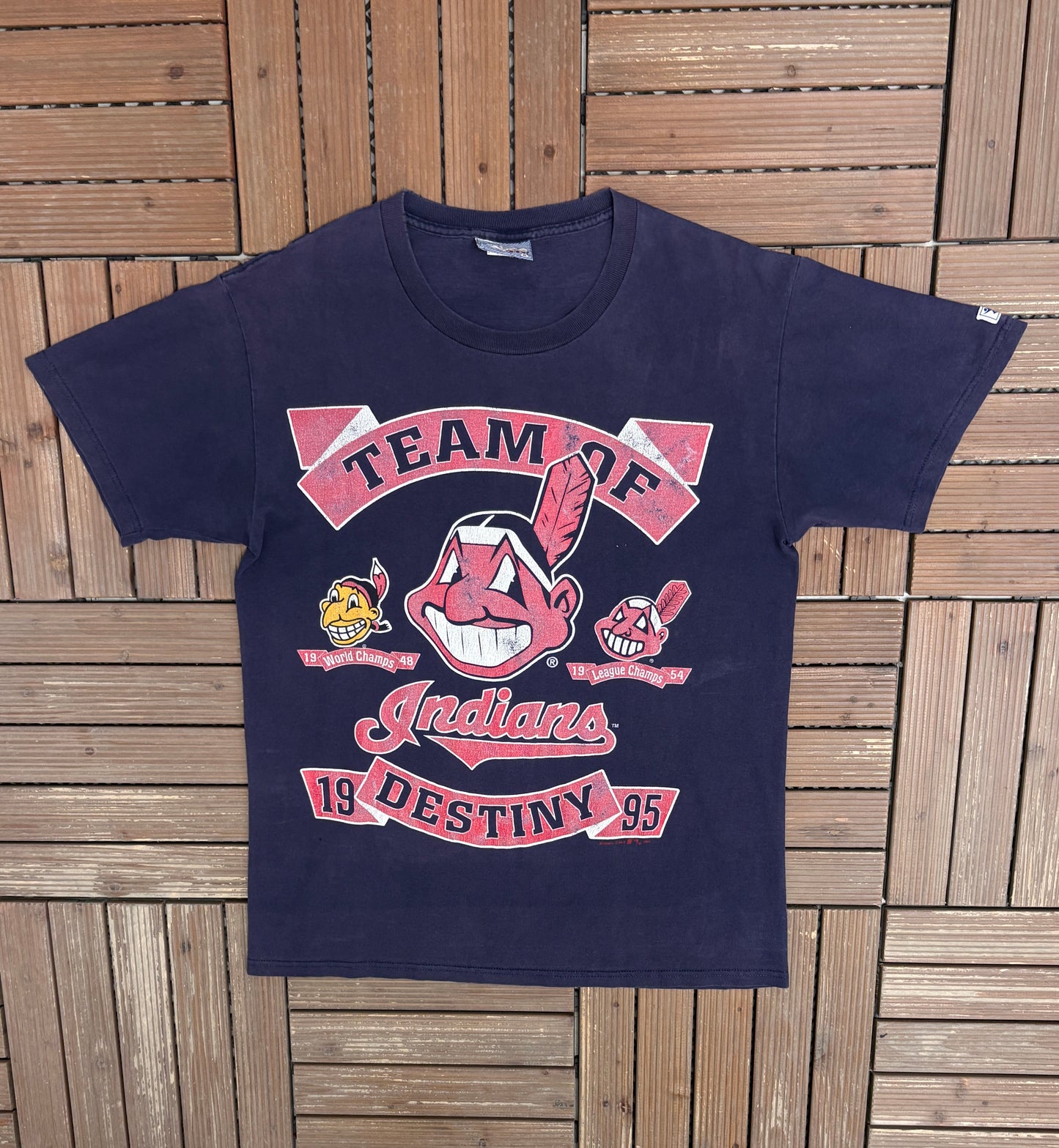 Cleveland Indians Team Of Destiny Graphic Tee | Size Medium | Vintage 1990s MLB Baseball Blue T-Shirt |
