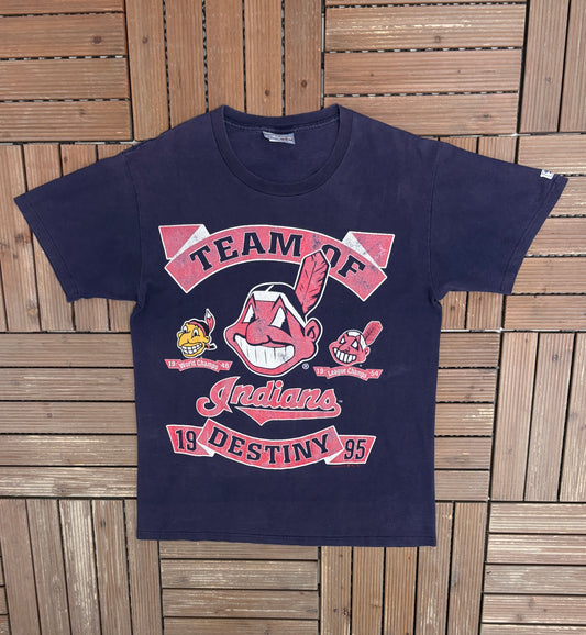 Cleveland Indians Team Of Destiny Graphic Tee | Size Medium | Vintage 1990s MLB Baseball Blue T-Shirt |
