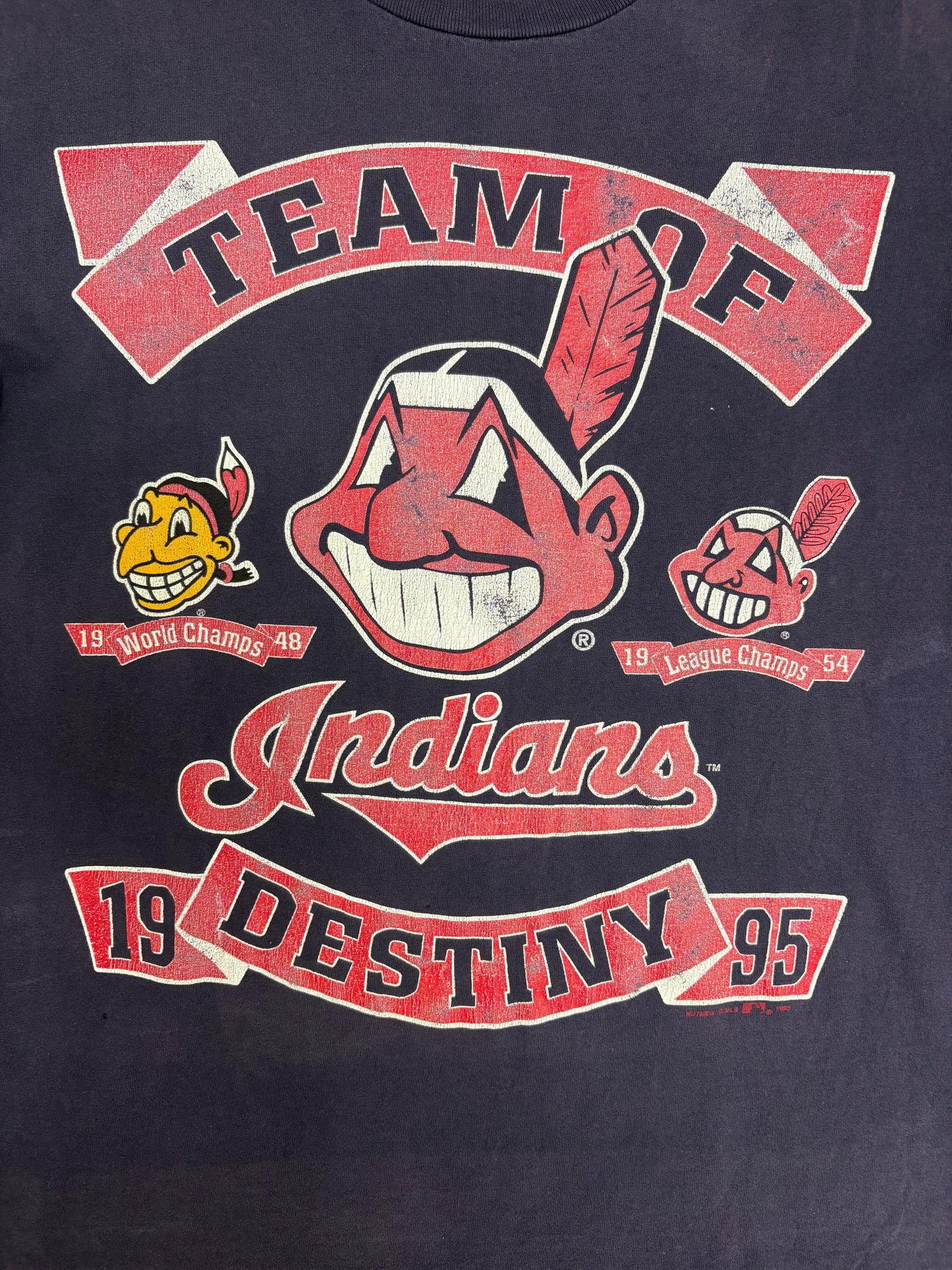 Cleveland Indians Team Of Destiny Graphic Tee | Size Medium | Vintage 1990s MLB Baseball Blue T-Shirt |