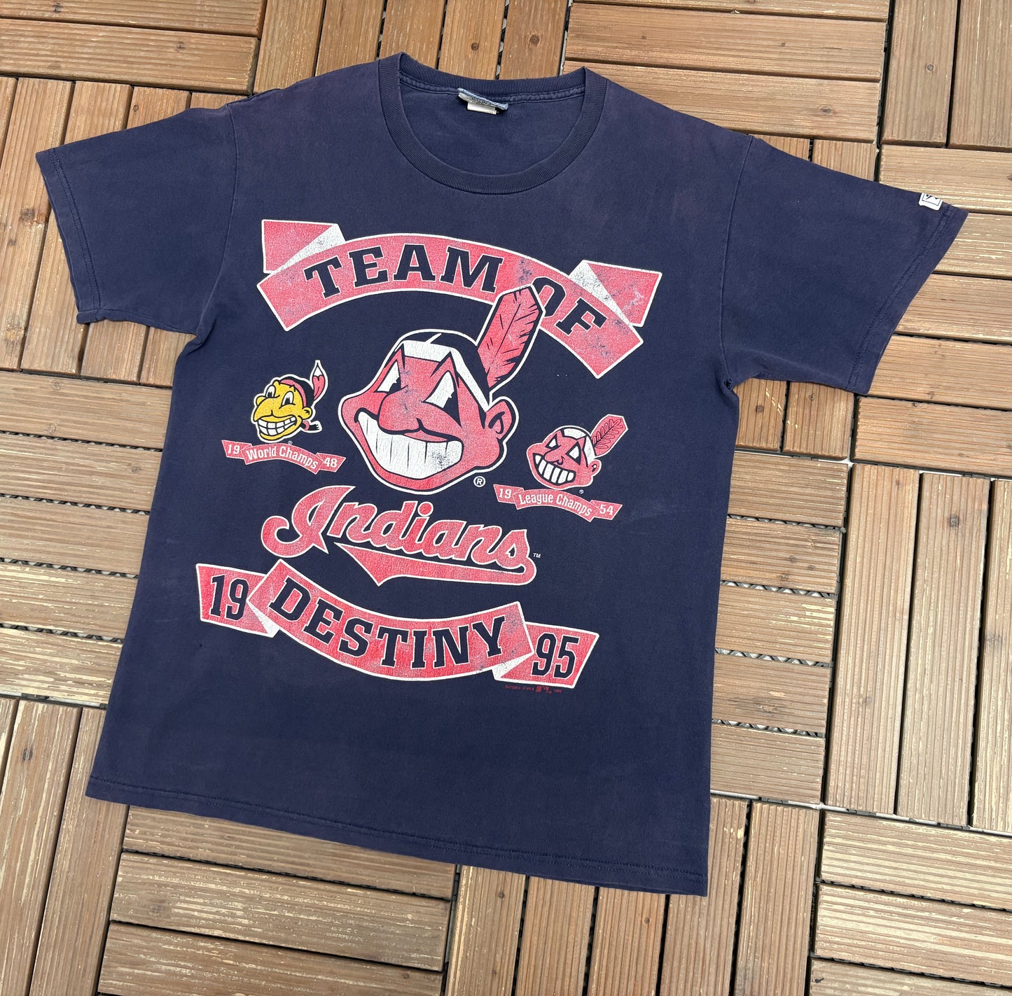Cleveland Indians Team Of Destiny Graphic Tee | Size Medium | Vintage 1990s MLB Baseball Blue T-Shirt |