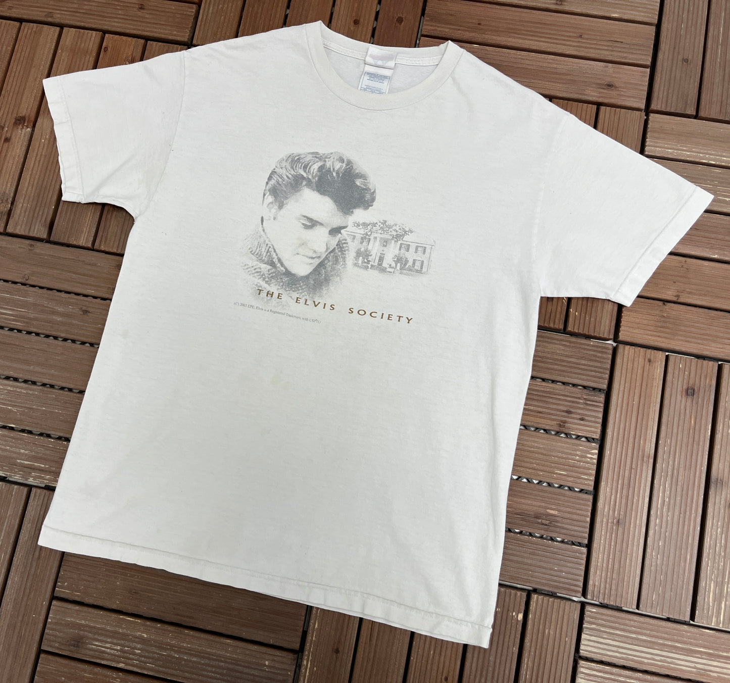 The Elvis Society Graphic Tee | Size Large | Vintage 2000s Rock Promotional Off-White T-Shirt |