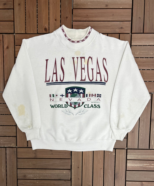 Las Vegas World Class Graphic Crewneck | Size Large | Vintage 1990s Promotional Tourist White Sweater |