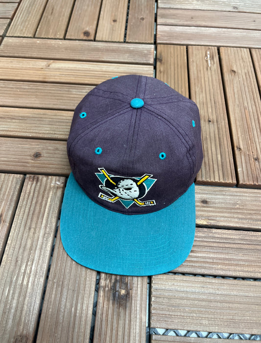 Anaheim Mighty Ducks Graphic Hat | Snap Back | Vintage 1990s NHL Hockey Maroon Cap |