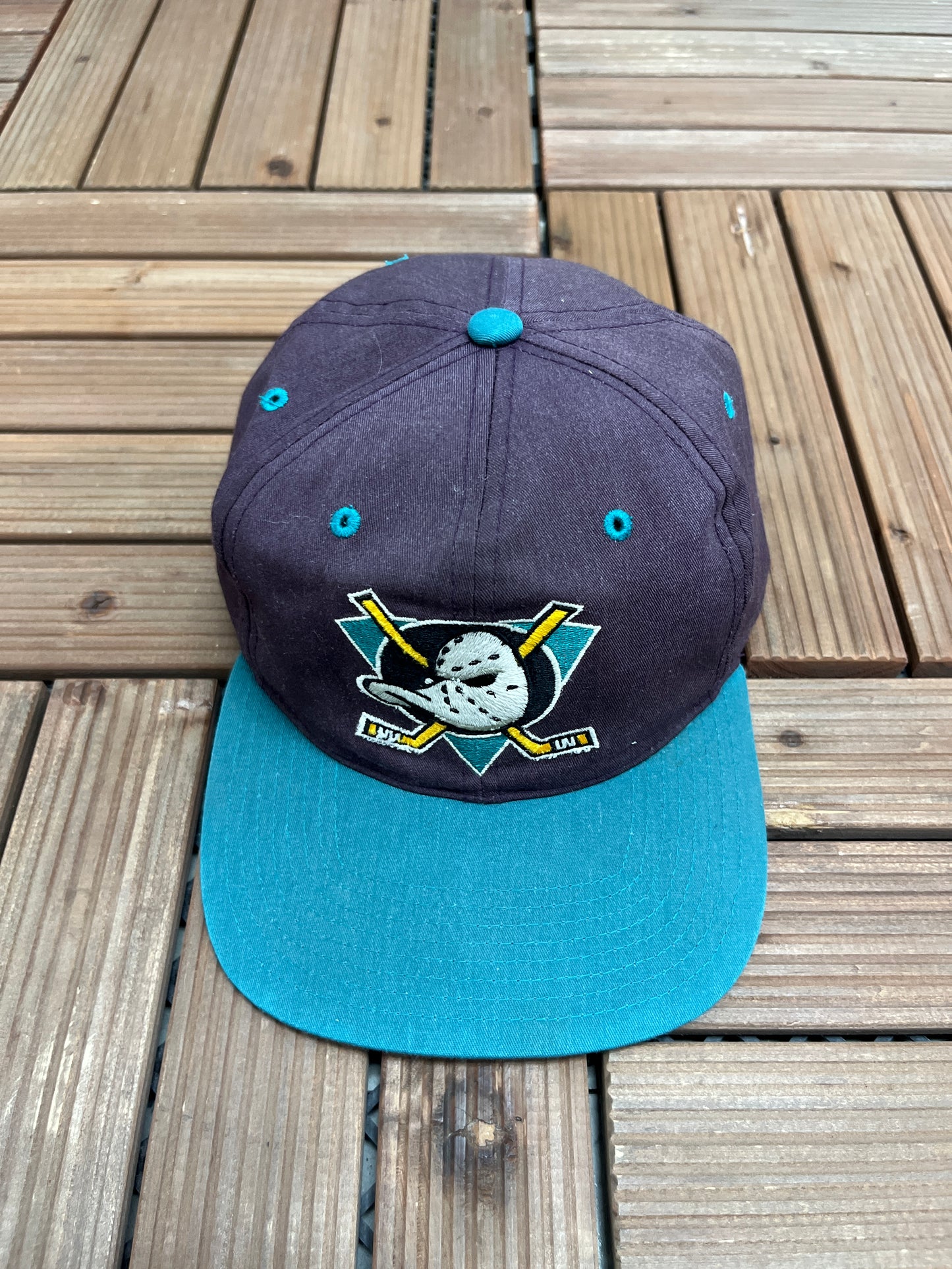 Anaheim Mighty Ducks Graphic Hat | Snap Back | Vintage 1990s NHL Hockey Maroon Cap |