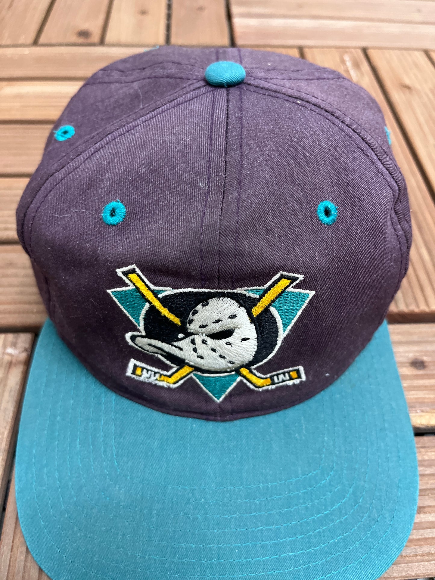 Anaheim Mighty Ducks Graphic Hat | Snap Back | Vintage 1990s NHL Hockey Maroon Cap |