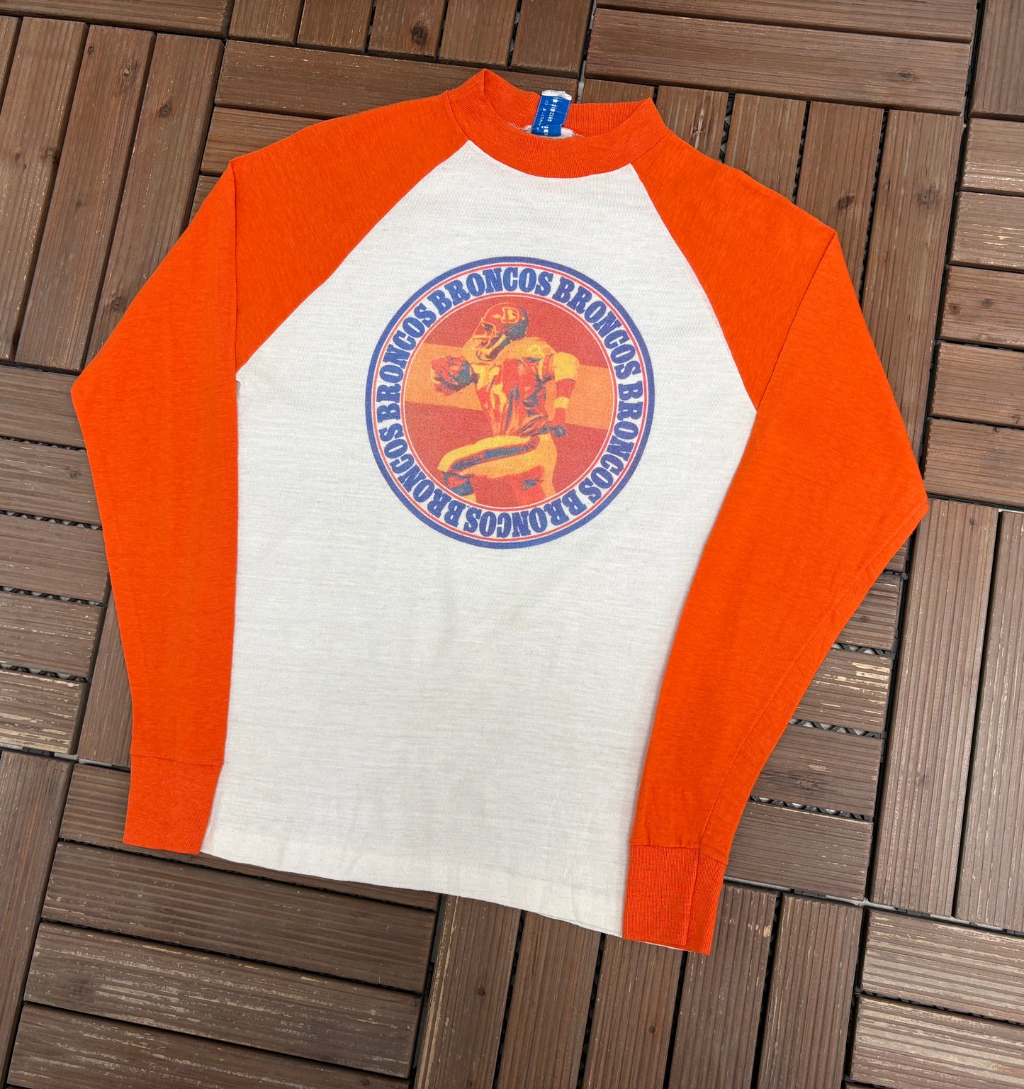 Denver Broncos Graphic Tee | Size Small | Vintage 1980s NFL Football White Long Sleeve |