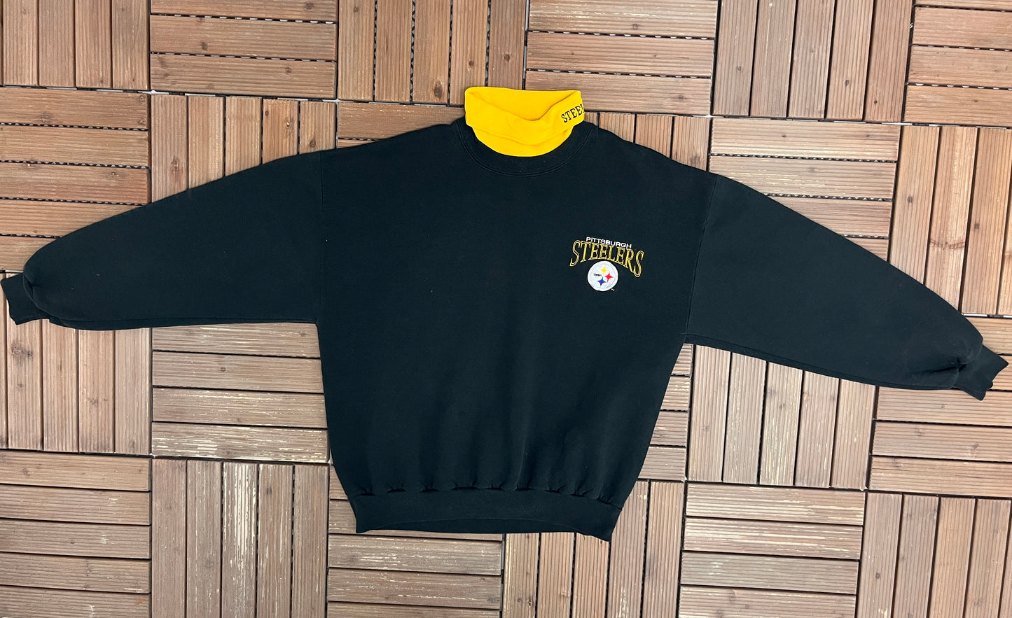 Pittsburgh Steelers Embroidered Turtleneck Graphic Crewneck | Size X-Large | Vintage 1990s NFL Football Black Sweater |