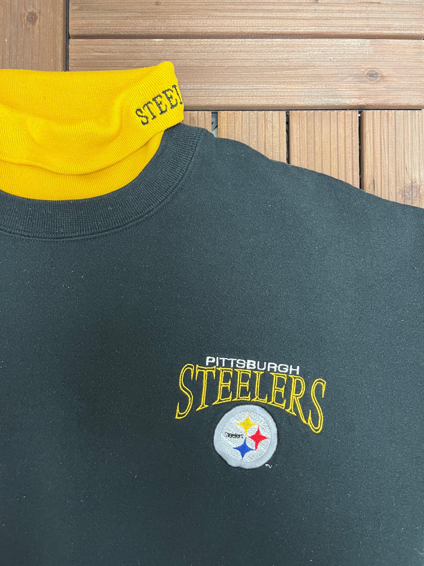 Pittsburgh Steelers Embroidered Turtleneck Graphic Crewneck | Size X-Large | Vintage 1990s NFL Football Black Sweater |