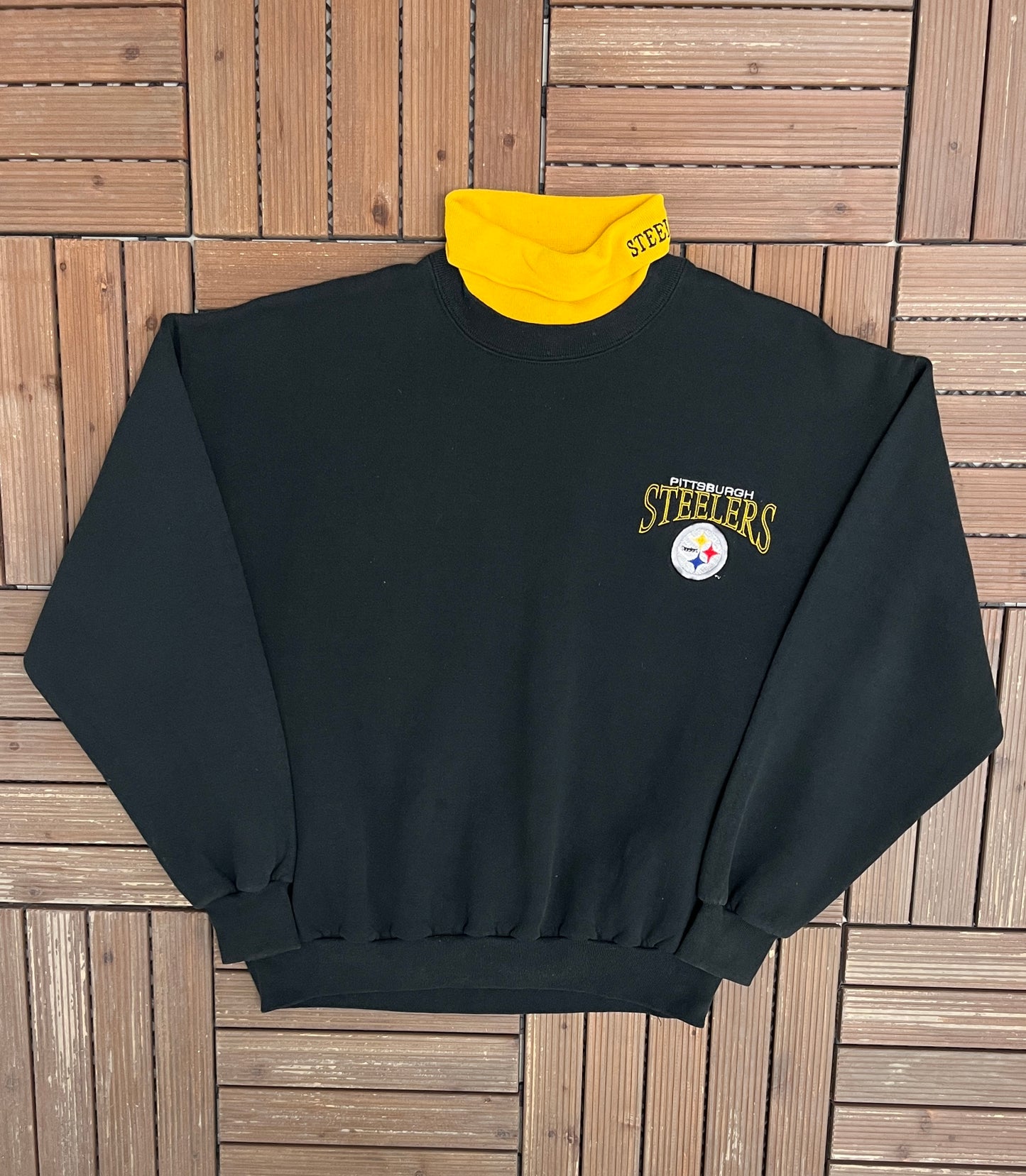 Pittsburgh Steelers Embroidered Turtleneck Graphic Crewneck | Size X-Large | Vintage 1990s NFL Football Black Sweater |