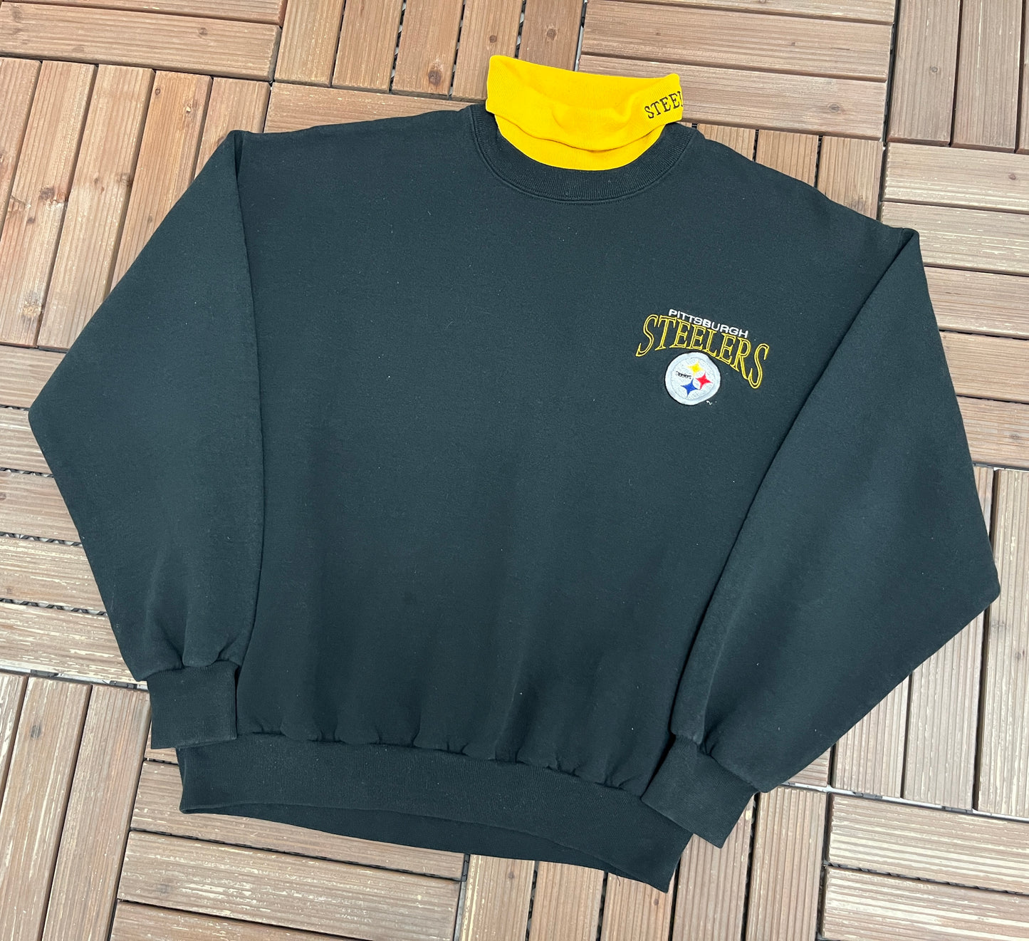 Pittsburgh Steelers Embroidered Turtleneck Graphic Crewneck | Size X-Large | Vintage 1990s NFL Football Black Sweater |