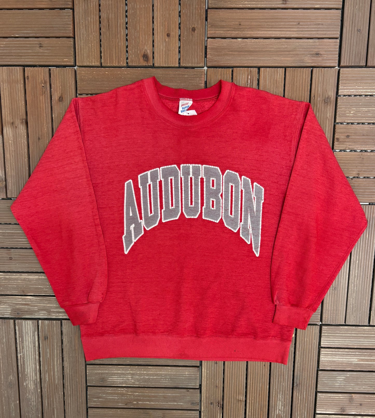 Audubon Spell Out Graphic Crewneck | Size X-Large | Vintage 1990s Made in USA Red Sweater |