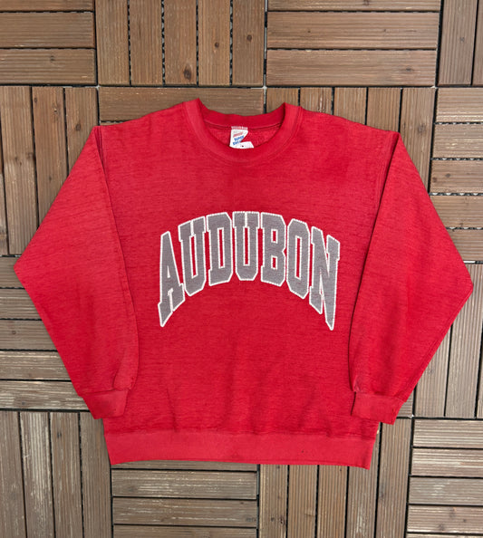 Audubon Spell Out Graphic Crewneck | Size X-Large | Vintage 1990s Made in USA Red Sweater |