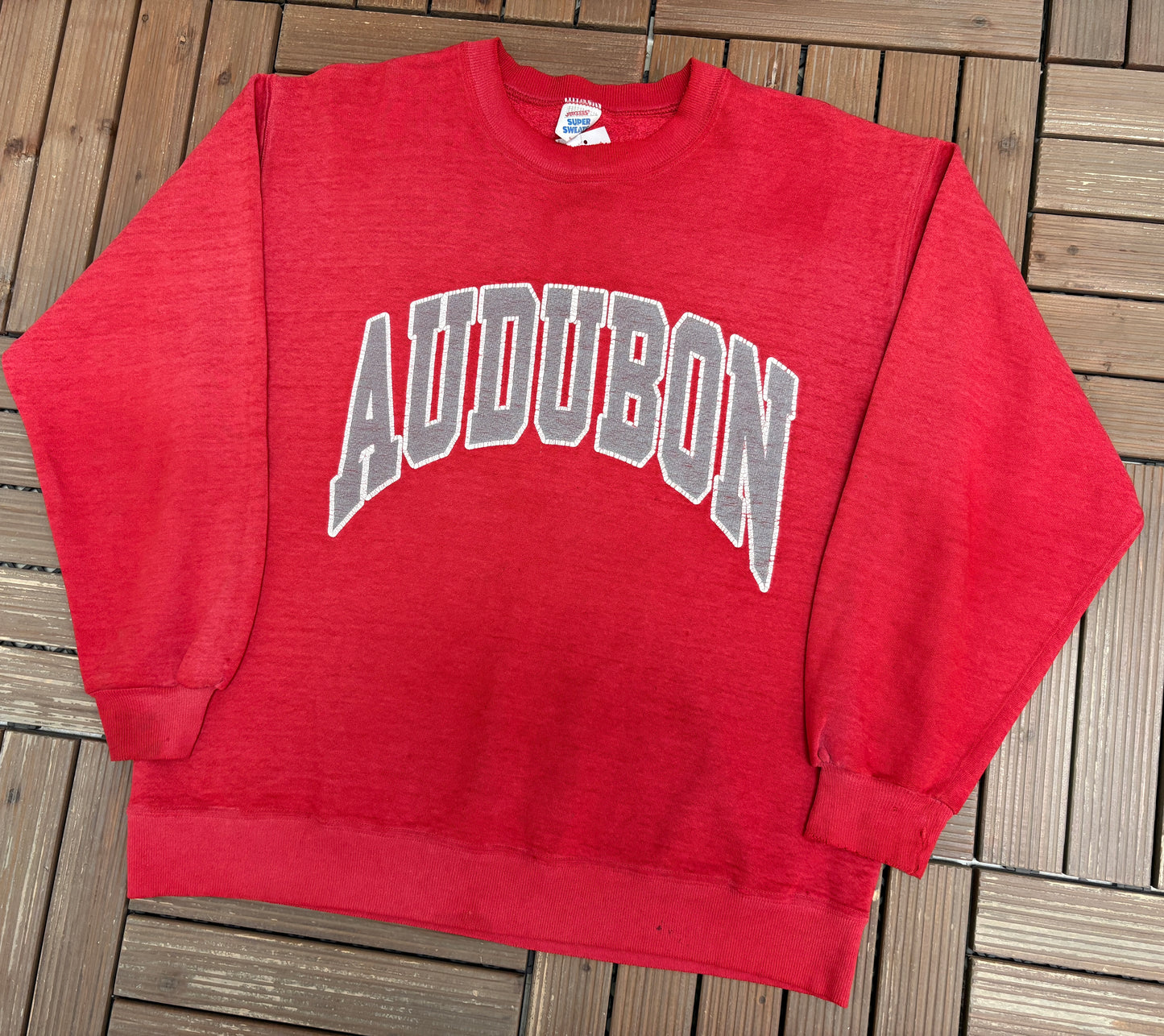 Audubon Spell Out Graphic Crewneck | Size X-Large | Vintage 1990s Made in USA Red Sweater |