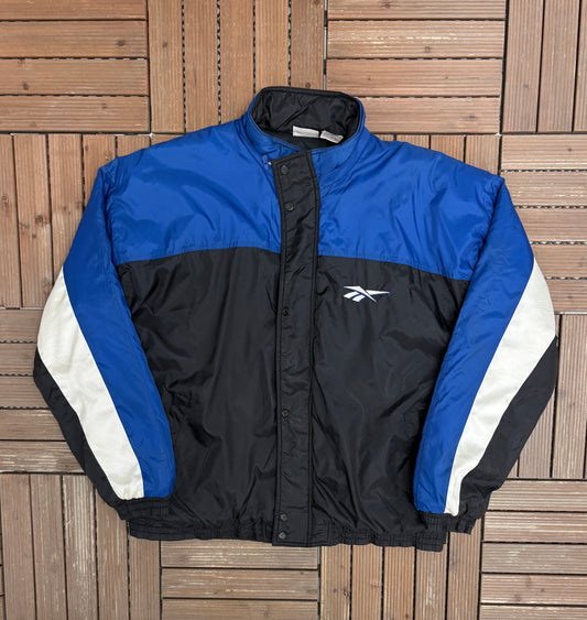 Reebok Embroidered Logo Puffer Jacket | Size X-Large | Vintage 2000s Branded Black Puffer Jacket |