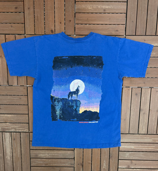 Marlboro Unlimited Howling Wolf Cigarettes Graphic Tee | Size X-Large | Vintage 1990s Promotional Blue T-Shirt |