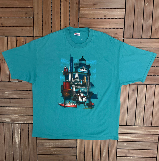 Lighthouses of the Chesapeake Graphic Tee | Size XX-Large | Vintage 2000s Tourist Teal T-Shirt |