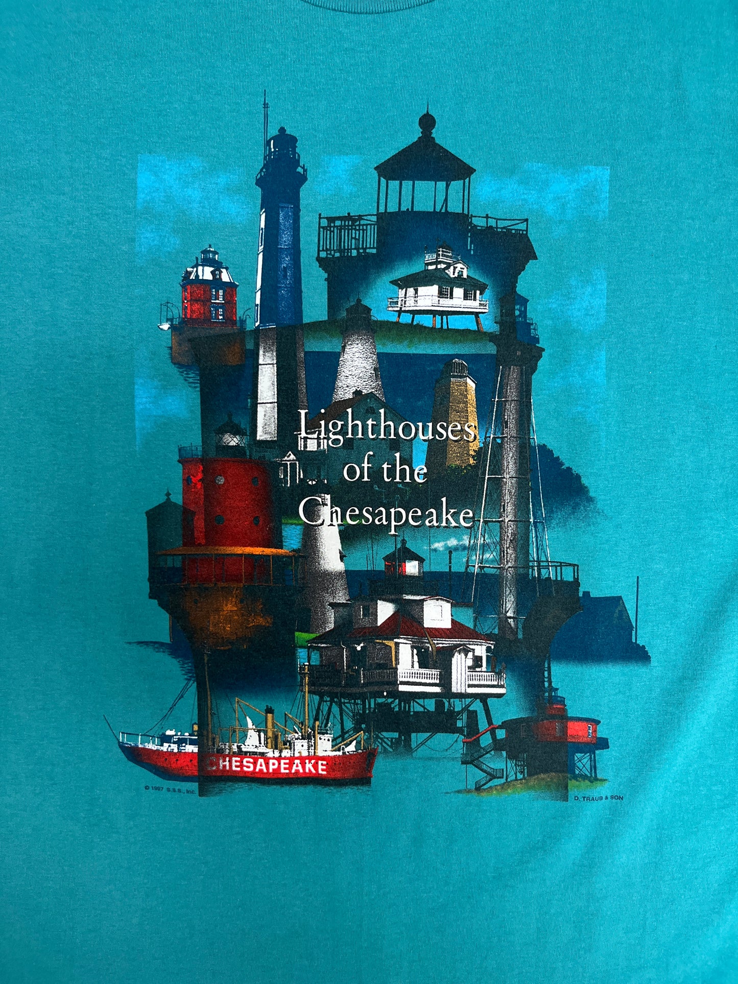 Lighthouses of the Chesapeake Graphic Tee | Size XX-Large | Vintage 2000s Tourist Teal T-Shirt |