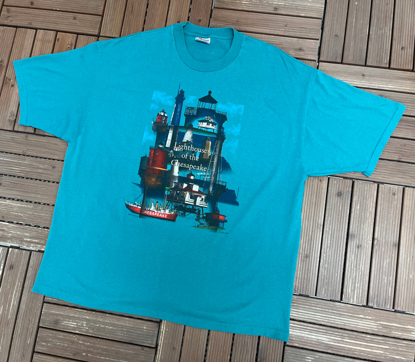 Lighthouses of the Chesapeake Graphic Tee | Size XX-Large | Vintage 2000s Tourist Teal T-Shirt |