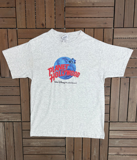 Planet Hollywood Walt Disney World Graphic Tee | Size Medium | Vintage 1990s Tourist Promotional Grey T-Shirt |