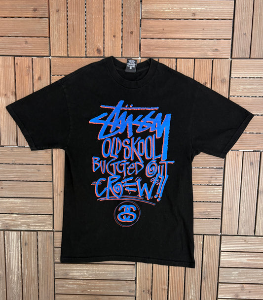 Stussy Old Skool Bugged Out Crew Graphic Tee | Size Medium | Vintage 2000s Branded Black T-Shirt |