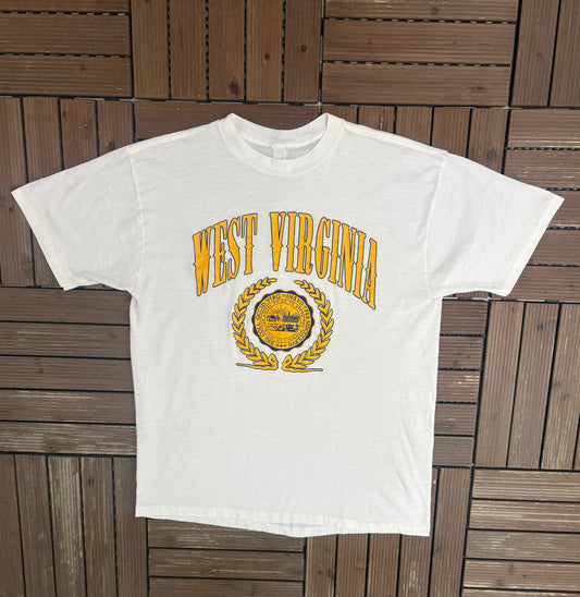 West Virginia Mountaineers Graphic Tee | Size Large | Vintage 1980s College White T-Shirt |