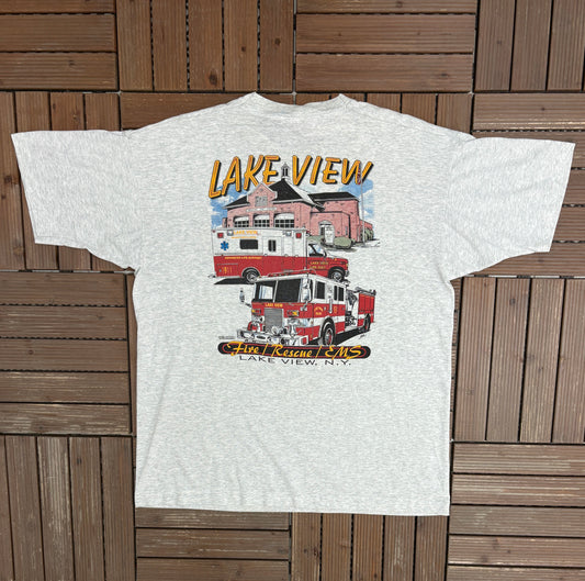 Lake View, New York Fire Rescue Graphic Tee | Size X-Large | Vintage 1990s Single Stitch Grey T-Shirt |
