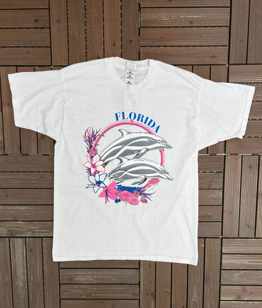 Florida Jumping Dolphins Graphic Tee | Size Large | Vintage 1990s Colourful White T-Shirt |