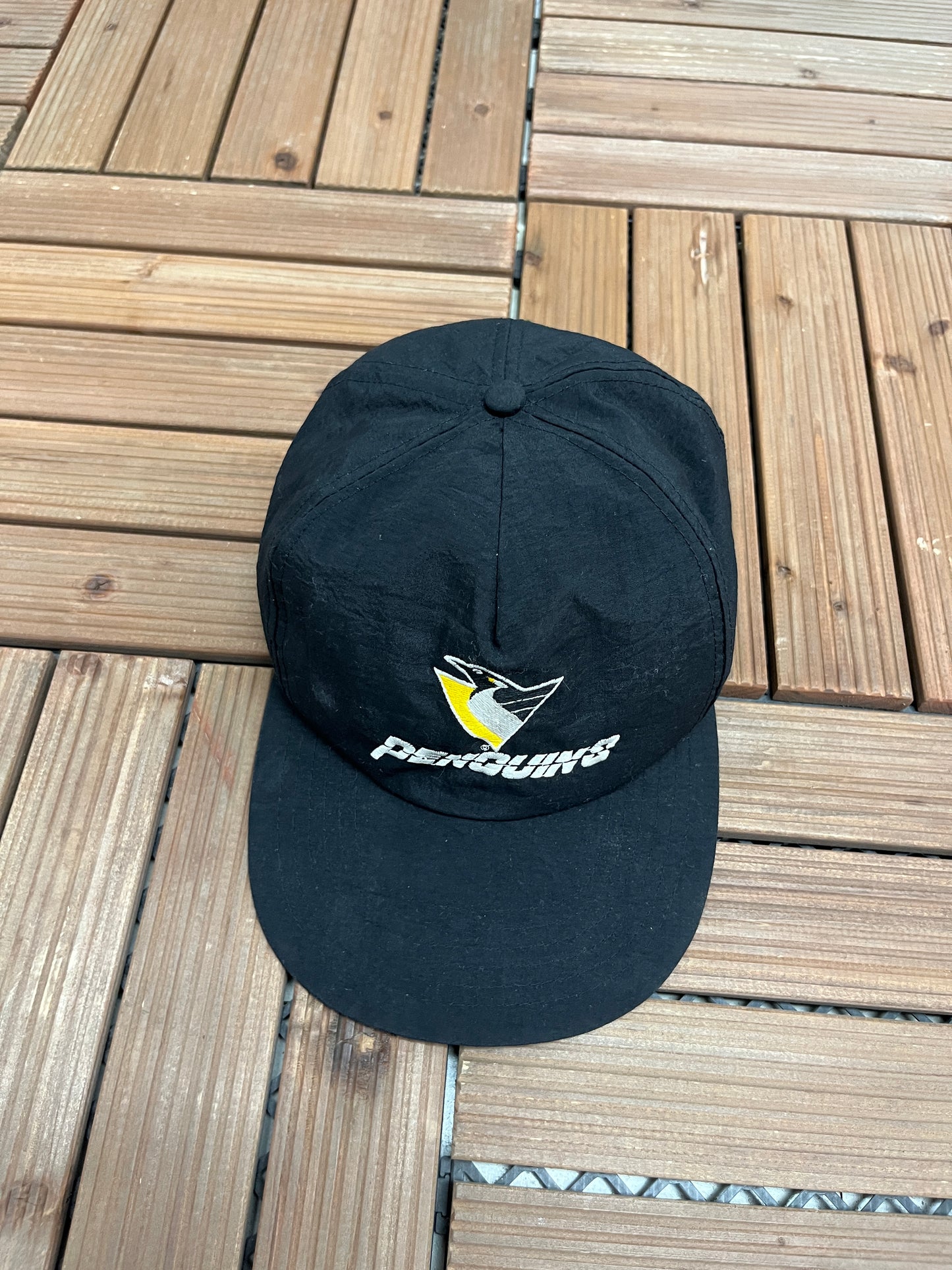 Pittsburgh Penguins Embroidered Graphic Hat | Snap Back | Vintage 1990s NHL Hockey Black Cap |