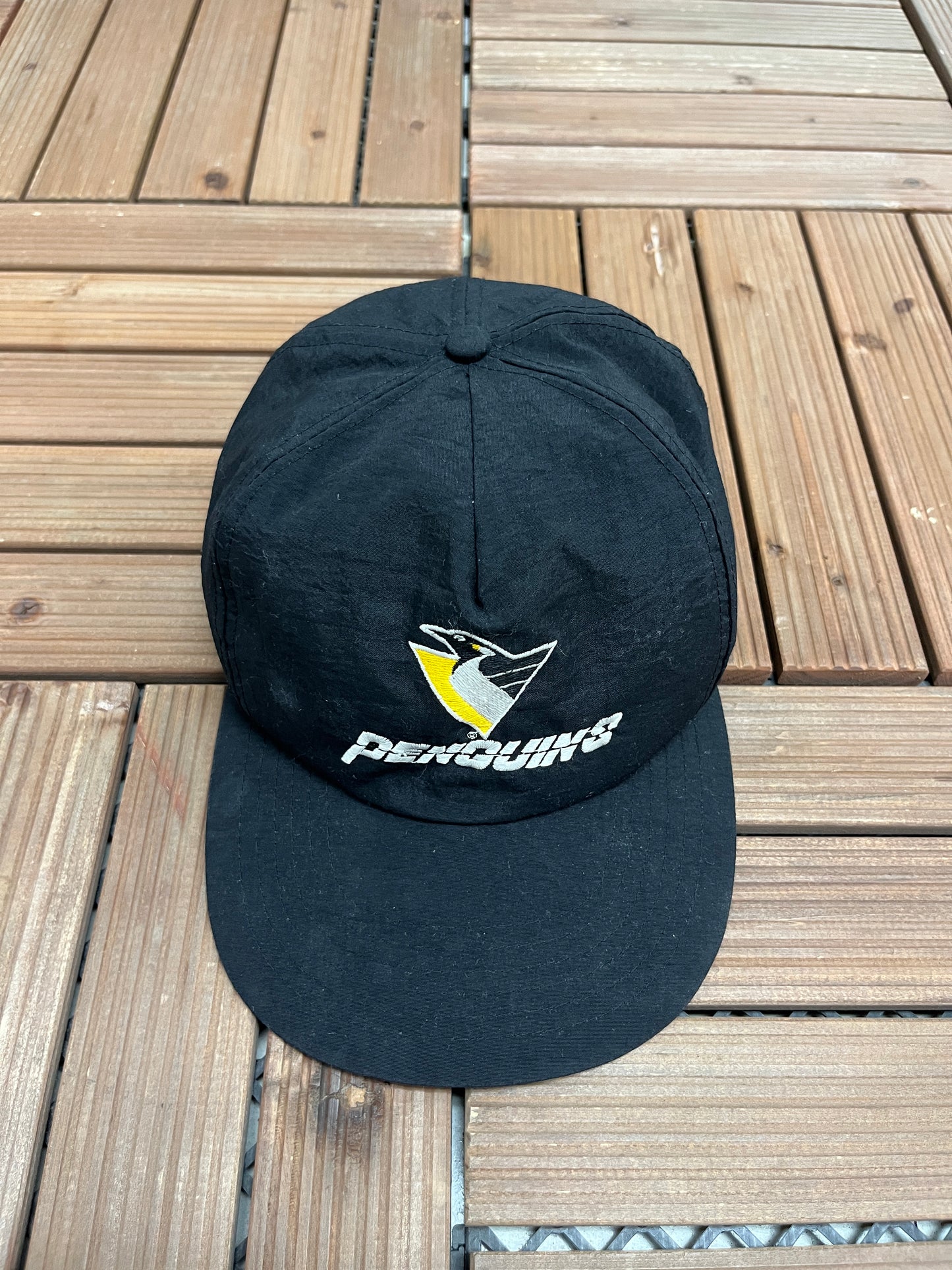 Pittsburgh Penguins Embroidered Graphic Hat | Snap Back | Vintage 1990s NHL Hockey Black Cap |