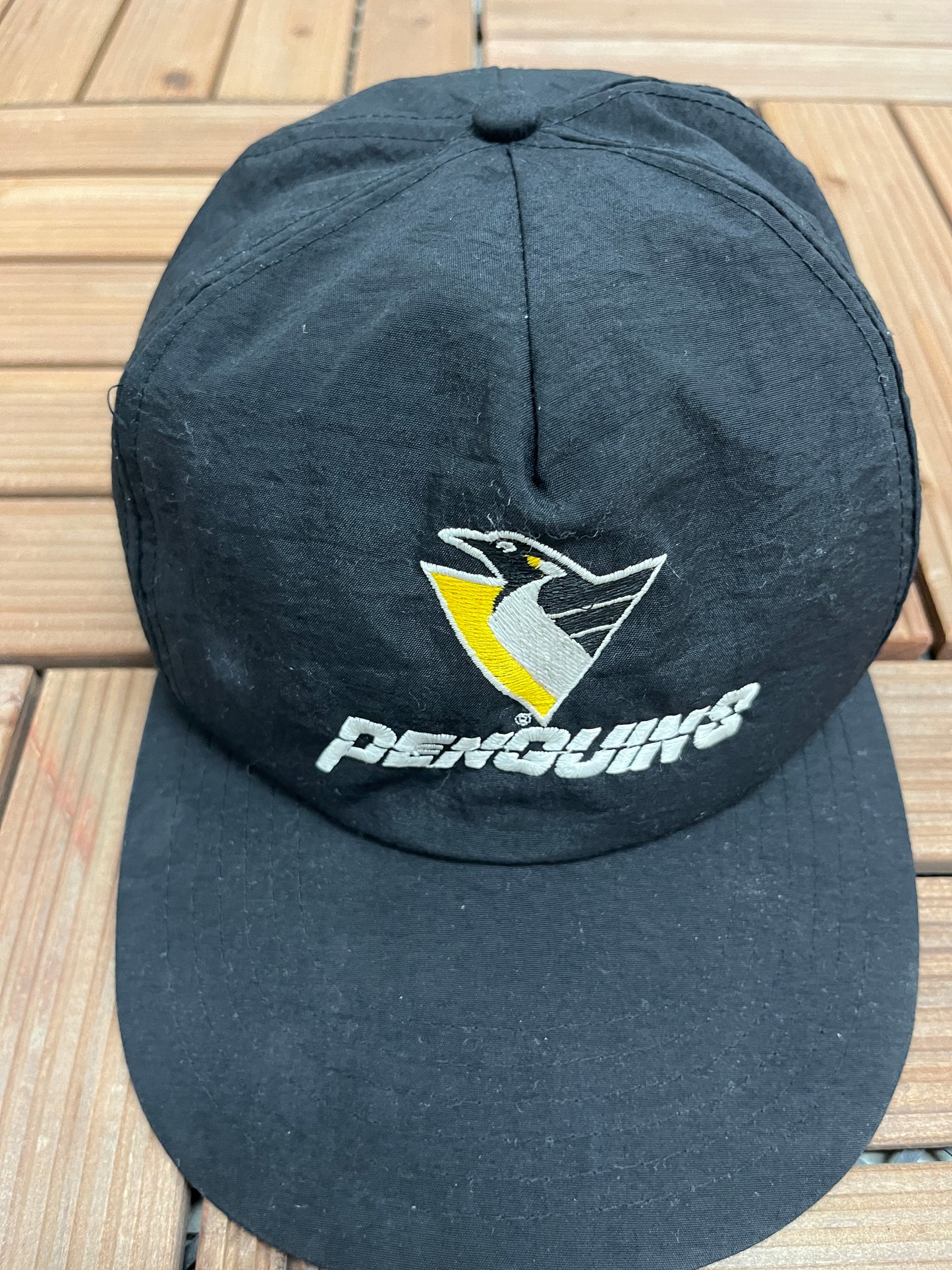 Pittsburgh Penguins Embroidered Graphic Hat | Snap Back | Vintage 1990s NHL Hockey Black Cap |