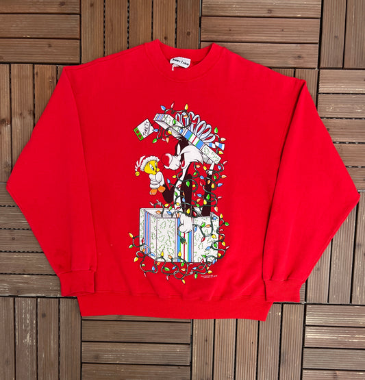 Sylvester & Tweety Gift Wrapped Graphic Crewneck | Size Large | Vintage 1990s Red Cartoon Promotional Sweater |