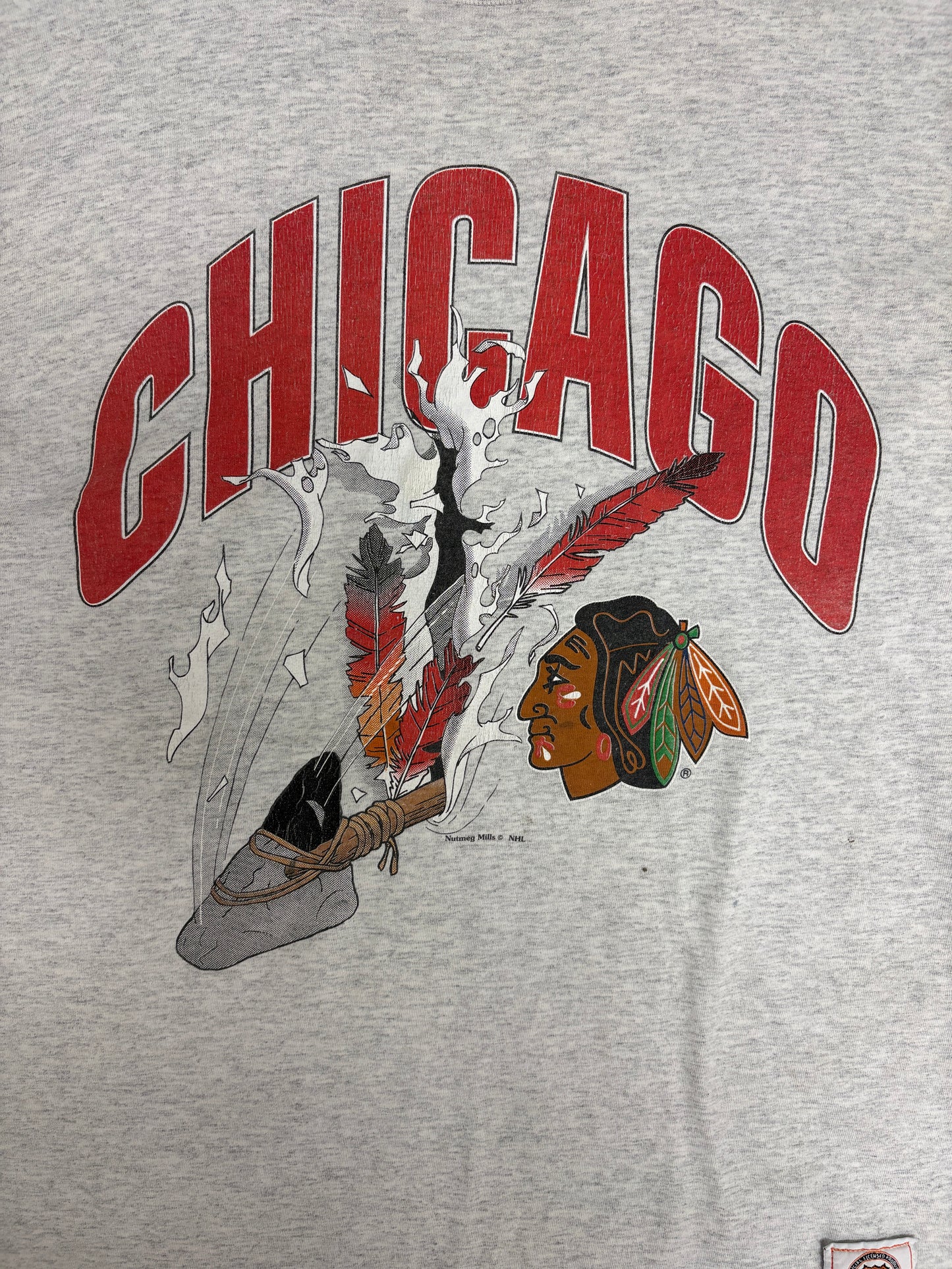 Chicago Blackhawks Graphic Tee | Size Large | Vintage 1990s NHL Hockey Grey T-Shirt |