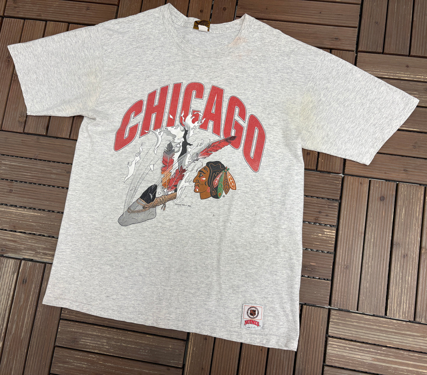 Chicago Blackhawks Graphic Tee | Size Large | Vintage 1990s NHL Hockey Grey T-Shirt |