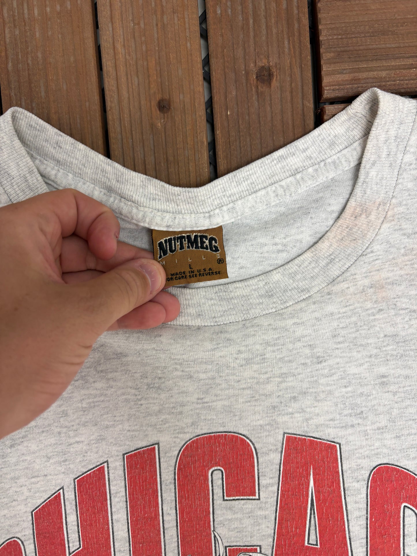 Chicago Blackhawks Graphic Tee | Size Large | Vintage 1990s NHL Hockey Grey T-Shirt |