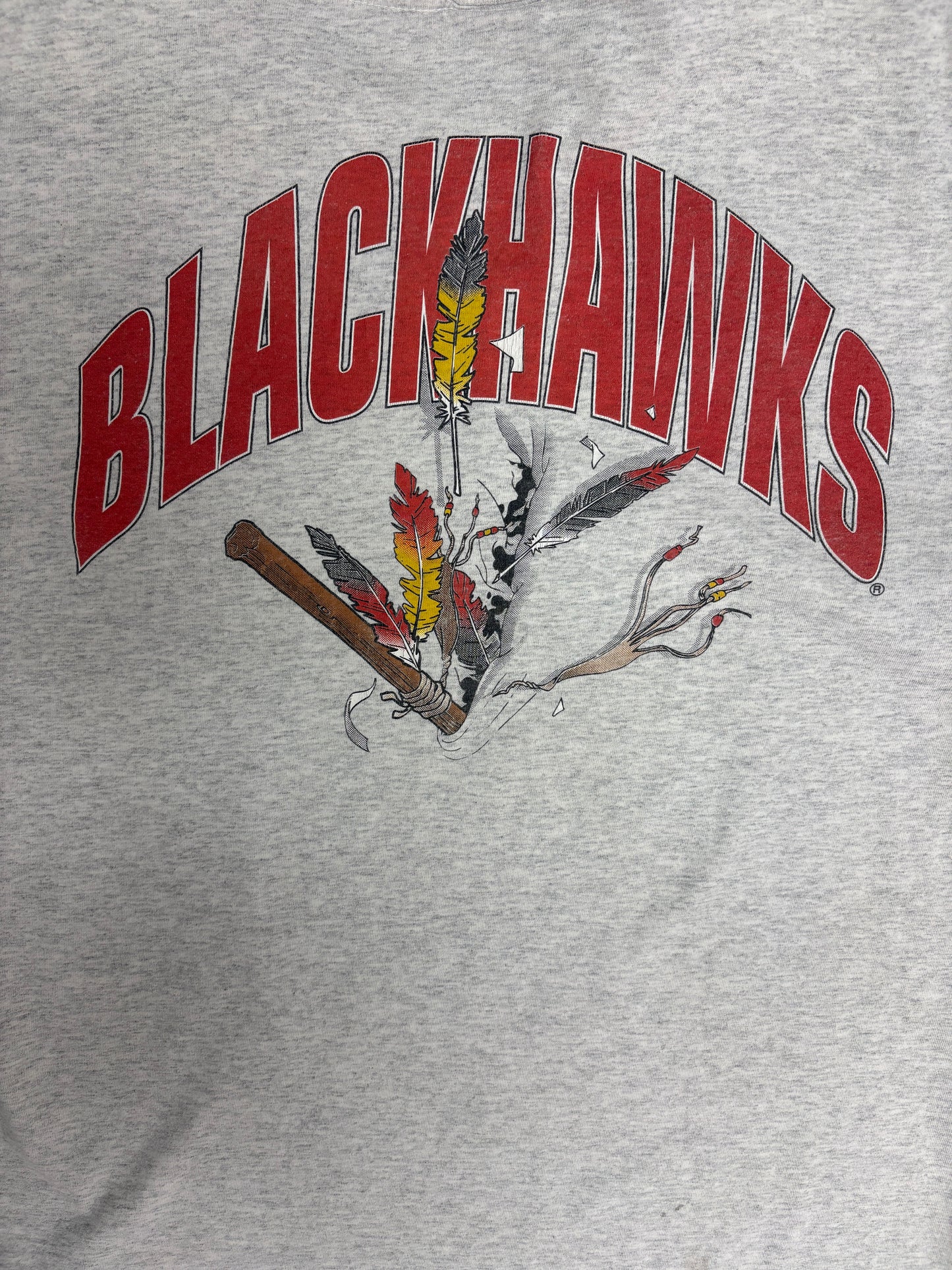 Chicago Blackhawks Graphic Tee | Size Large | Vintage 1990s NHL Hockey Grey T-Shirt |