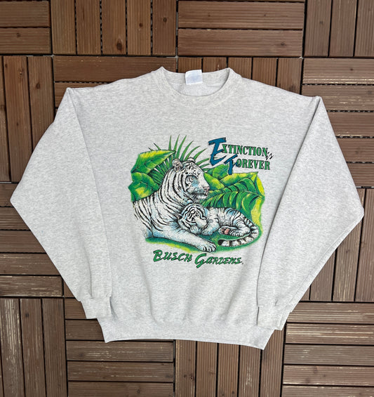 Busch Gardens Extinction Is Forever Graphic Crewneck | Size Large | Vintage 1990s Promotional Grey Sweater |