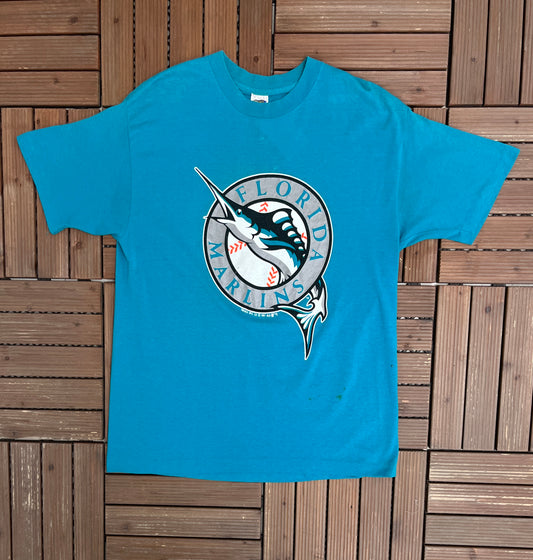 Florida Marlins Graphic Tee | Size X-Large | Vintage 1990s Single Stitch MLB Baseball Blue T-Shirt |