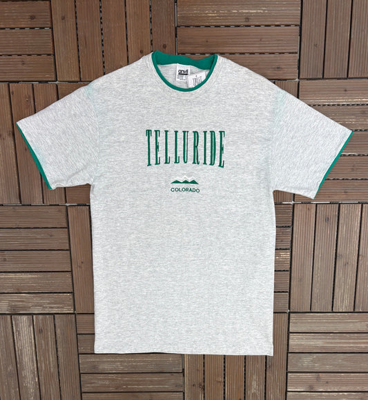 Telluride, Colorado Embroidered Graphic Tee | Size Large | Vintage 1990s Tourist Promotional Layered Grey T-Shirt |