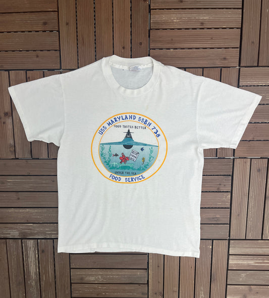 USS Maryland SSBN-738 Food Service Graphic Tee | Size Large | Vintage 1990s Single Stitch White T-Shirt |