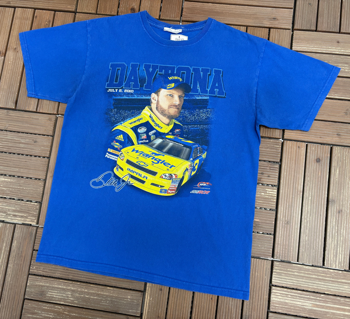 Dale Earnhardt & Dale Earnhardt Jr. Daytona Graphic Tee | Size Large | Vintage 2000s Blue NASCAR Racing T-Shirt |