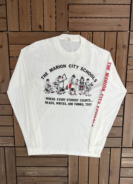 The Marion City Schools Graphic Tee | Size Medium | Vintage 1980s High School White Long Sleeve |